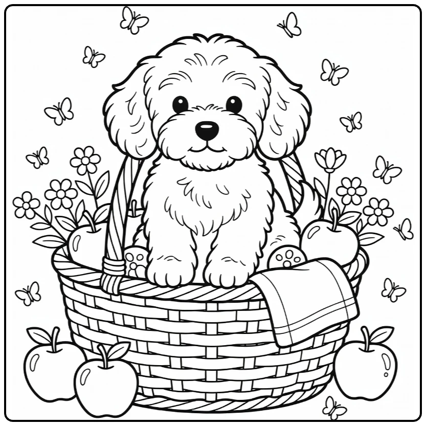 Cavapoo coloring page: fluffy puppy in basket with apples