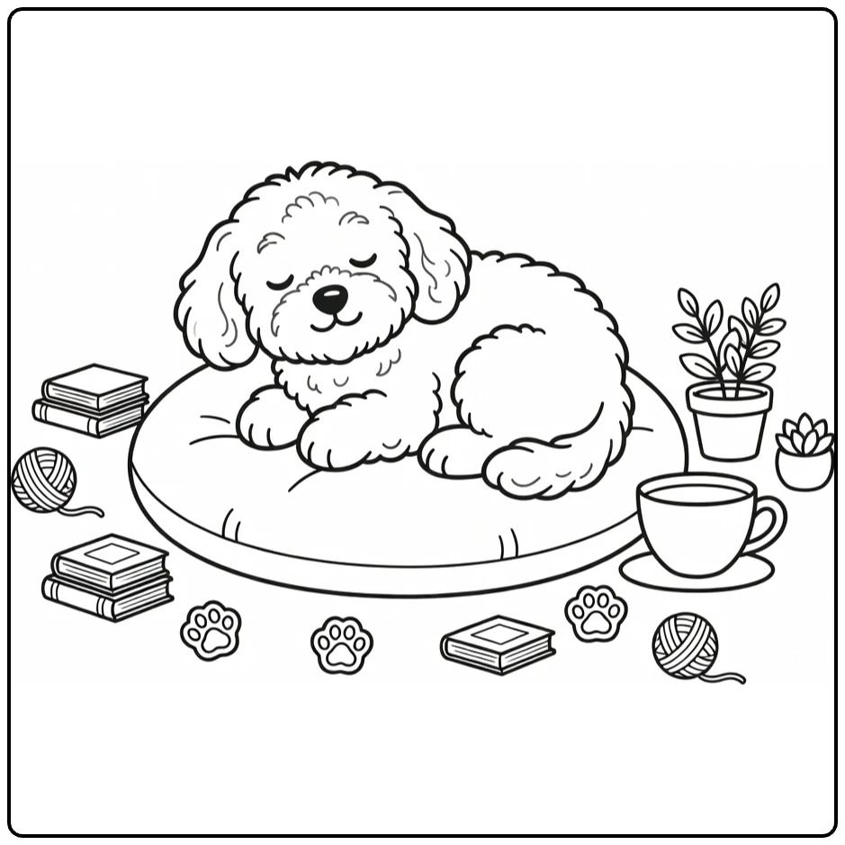 Cavapoo coloring page: cozy puppy curled on cushion with teacup, yarn