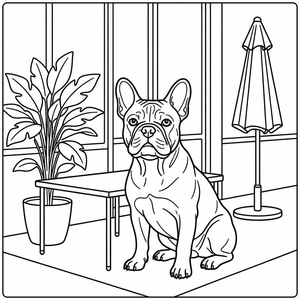 A French Bulldog on a cafe patio realistic dog coloring page.