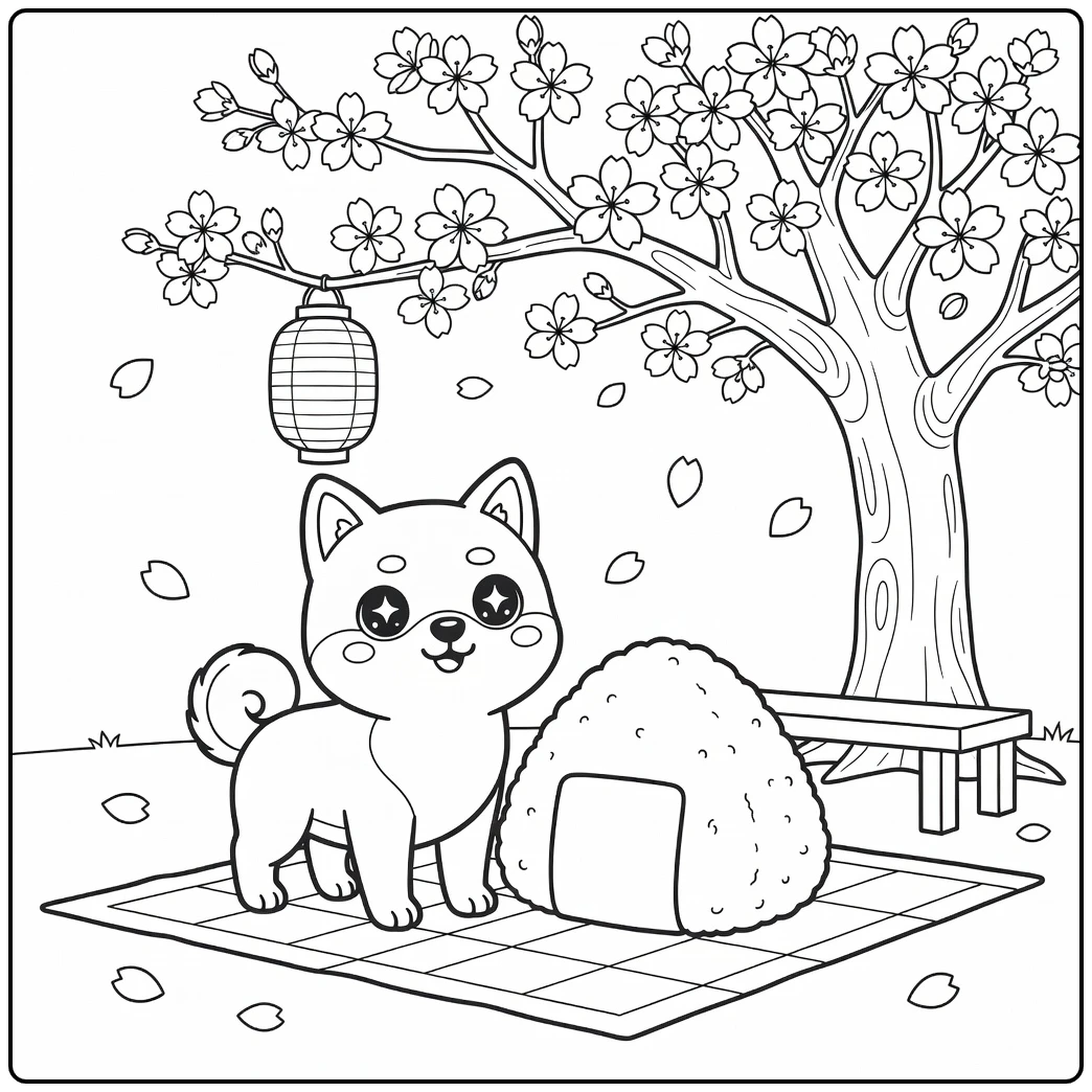 A proud Shiba Inu on a kawaii dog coloring page with a rice ball.