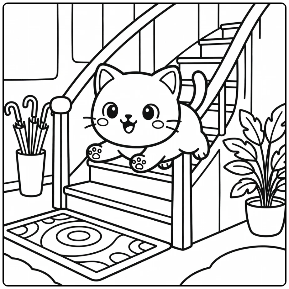 Chibi cat coloring pages: playful slide down banister