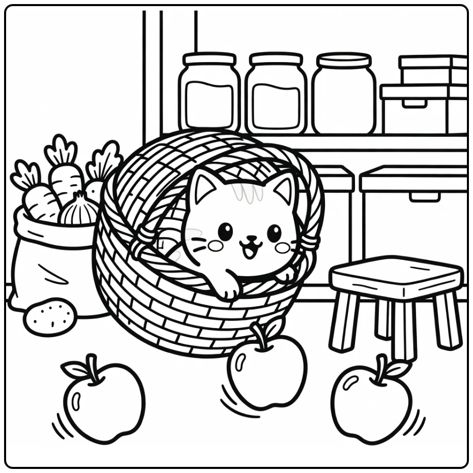 Chibi cat coloring pages: cat peeks from basket, apples roll