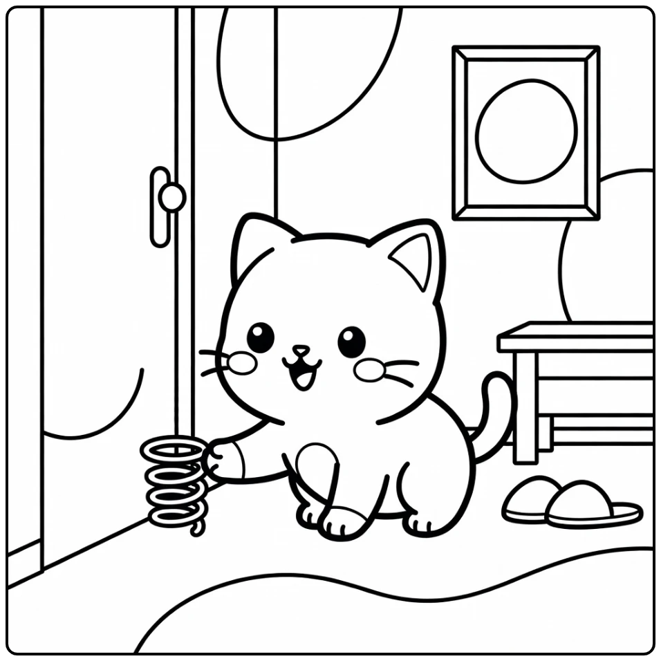 Chibi cat coloring pages: goofy cat pokes wobbling doorstop