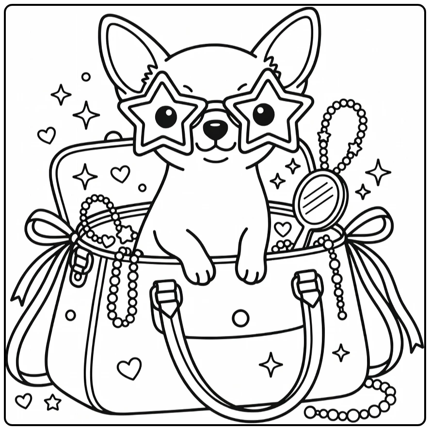 Dog with glasses coloring page: chic Chihuahua in handbag