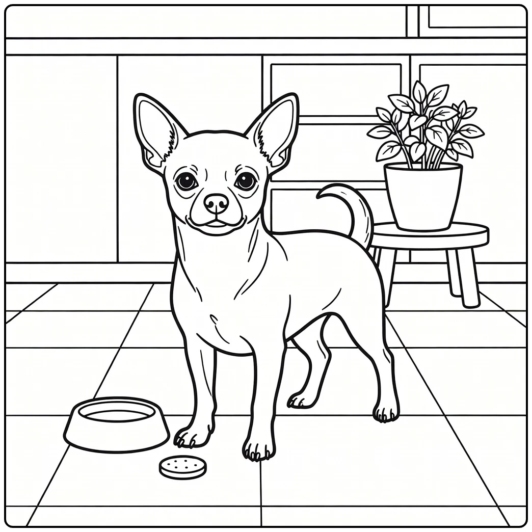 A Chihuahua on a kitchen floor, a realistic dog coloring page.