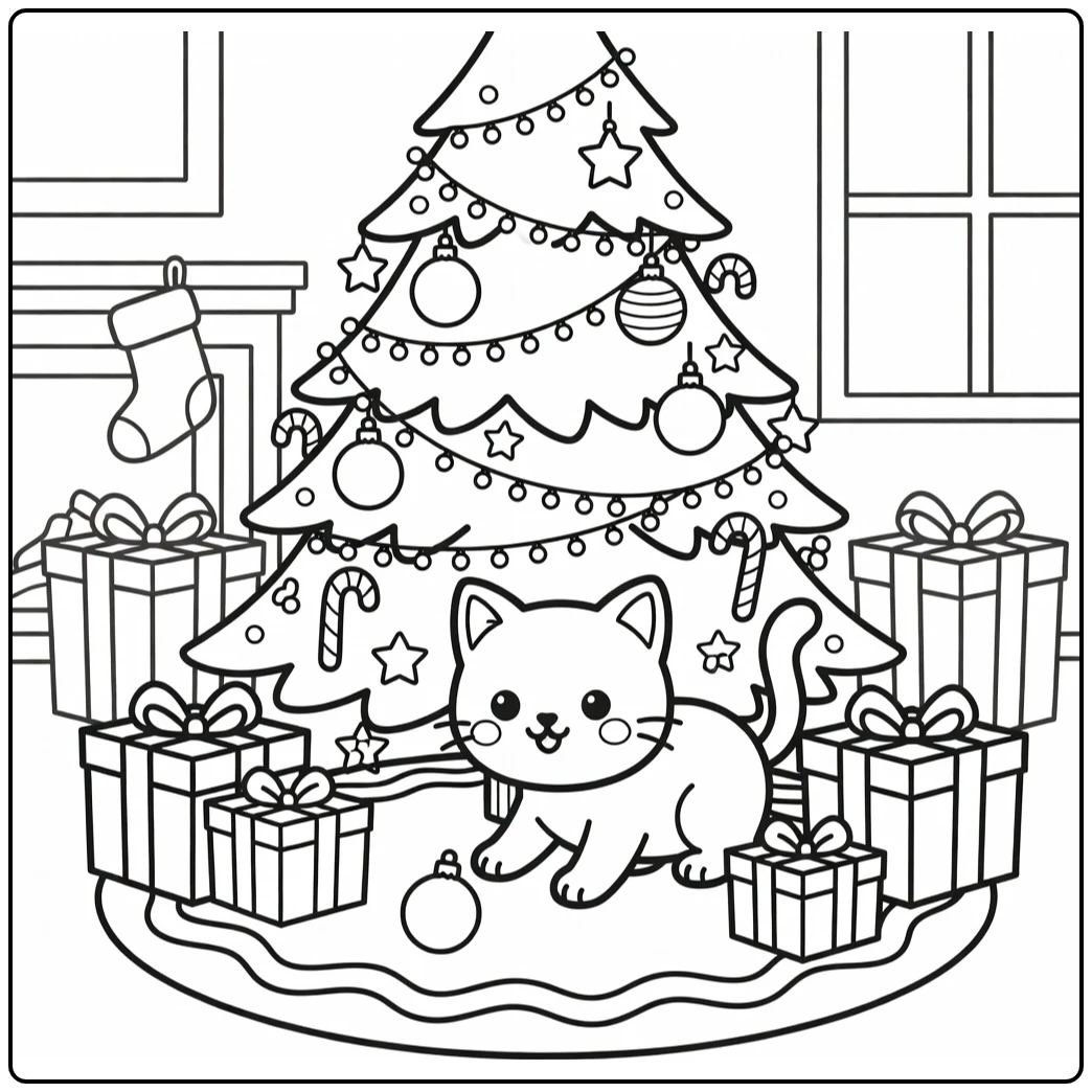 Christmas cat coloring pages: playful cat bats ornament under tree