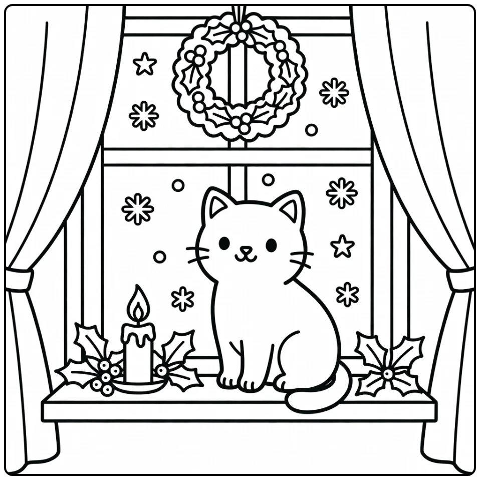Christmas cat coloring pages: cozy cat on windowsill watching snowflakes