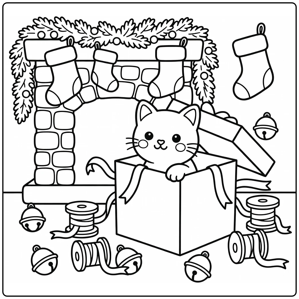 Christmas cat coloring pages: cat peeks from gift box by fireplace