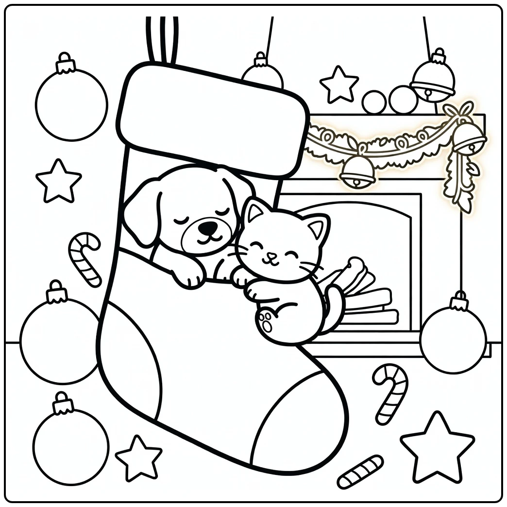 christmas dog and cat coloring pages - sleepy puppy & kitten