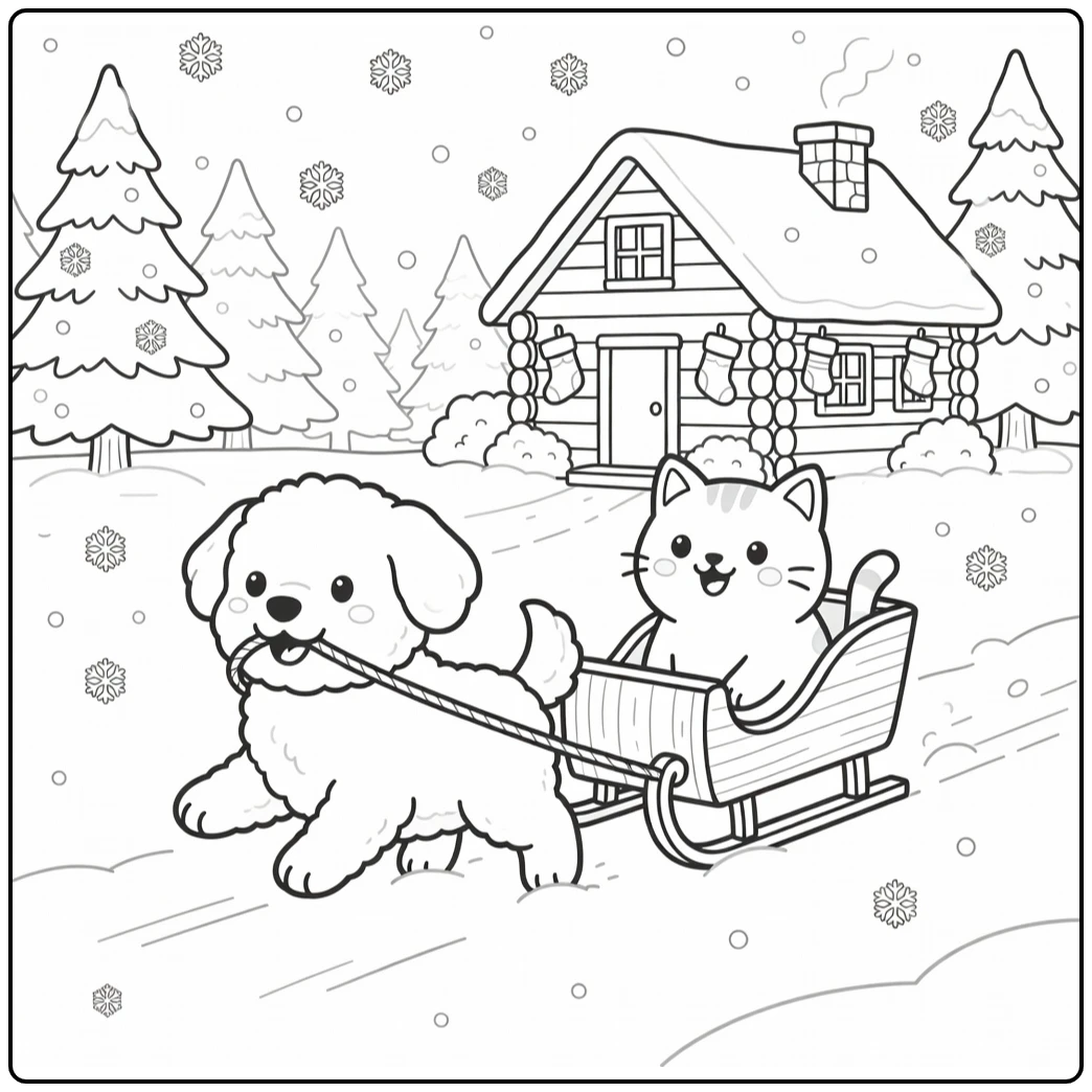 Christmas dog and cat coloring pages: dog sleds with happy cat