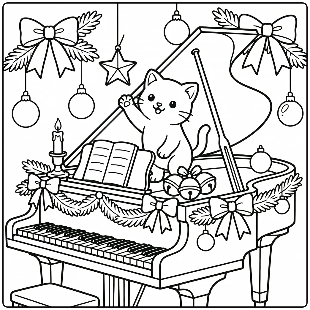 Christmas kitten coloring pages with piano and star ornament