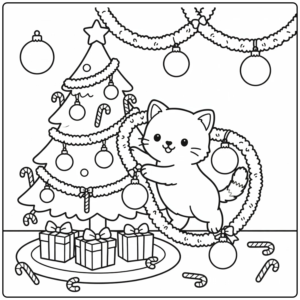 Playful Christmas kitten coloring pages in garland & tree