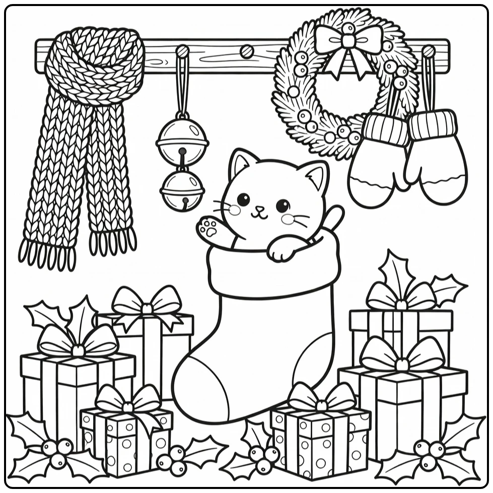 Christmas kitten coloring pages peeking at jingle bell