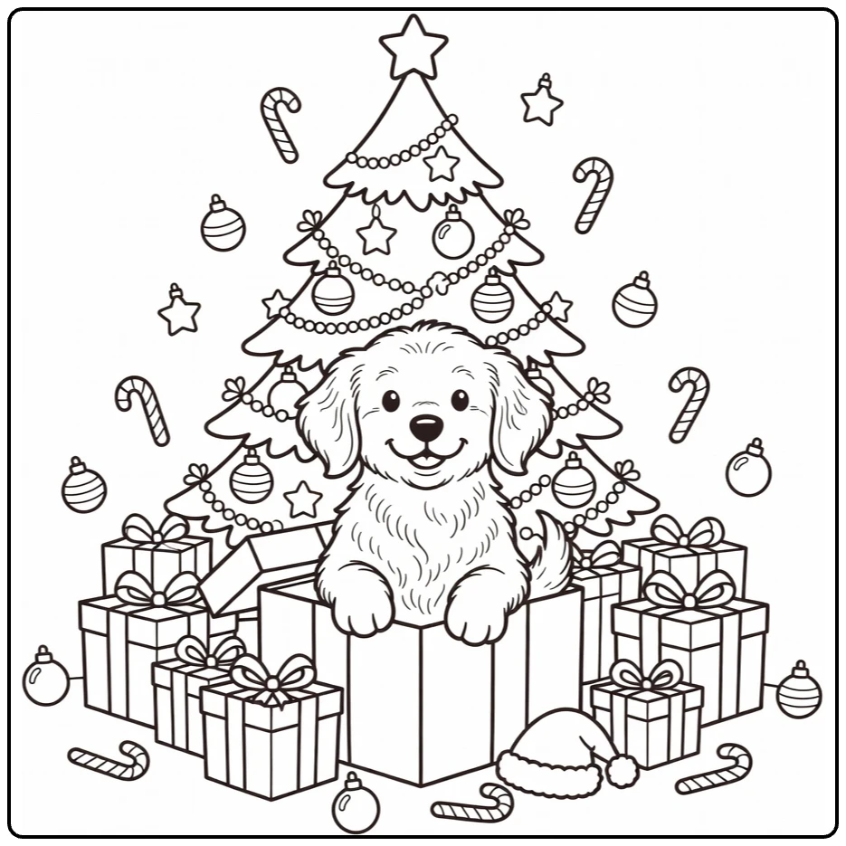 Christmas Puppy Coloring Page: Fluffy Retriever in Gift Box
