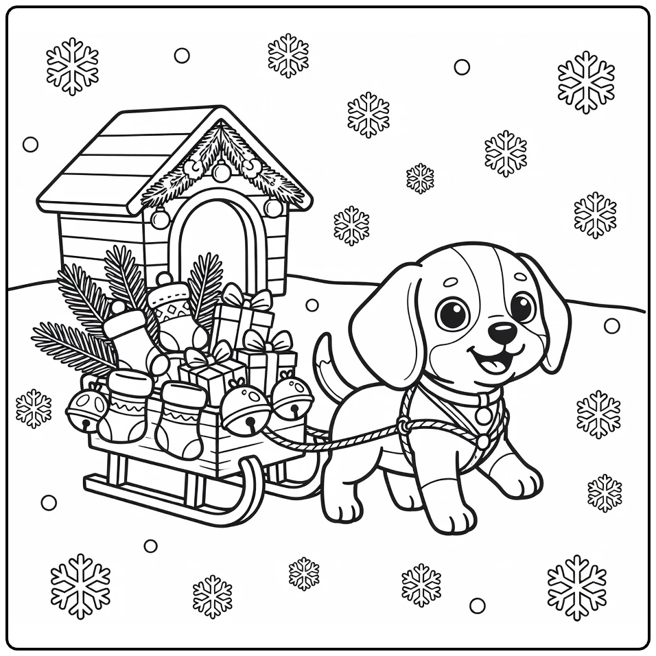 Christmas Puppy Coloring Page: Beagle Pulling Sled with Holiday Gifts