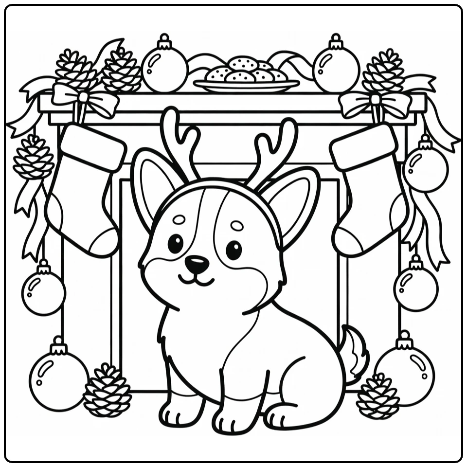 Christmas Puppy Coloring Page: Corgi with antlers by mantel