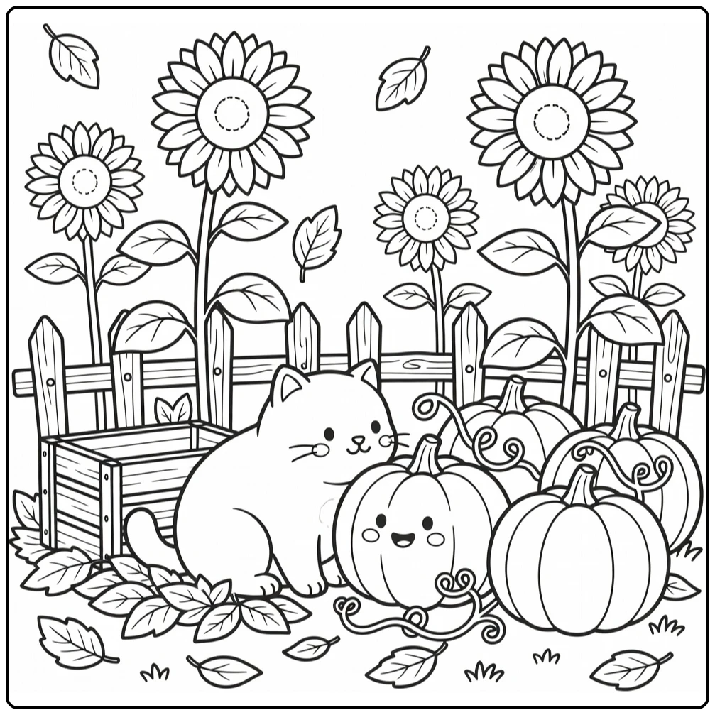 Fat cat sniffing pumpkins in autumn garden, fat cat coloring pages