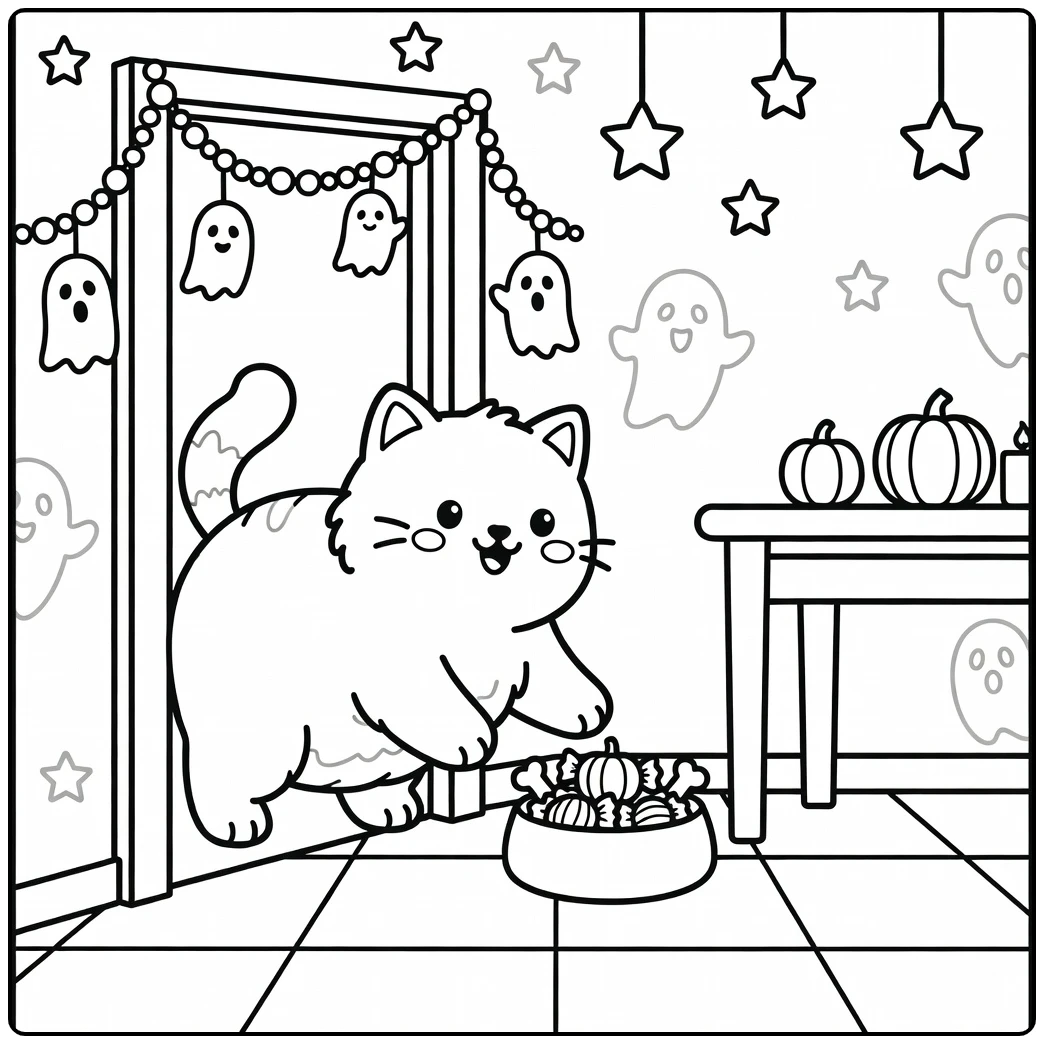 Halloween cat coloring pages: chubby cat squeezes through door for treats