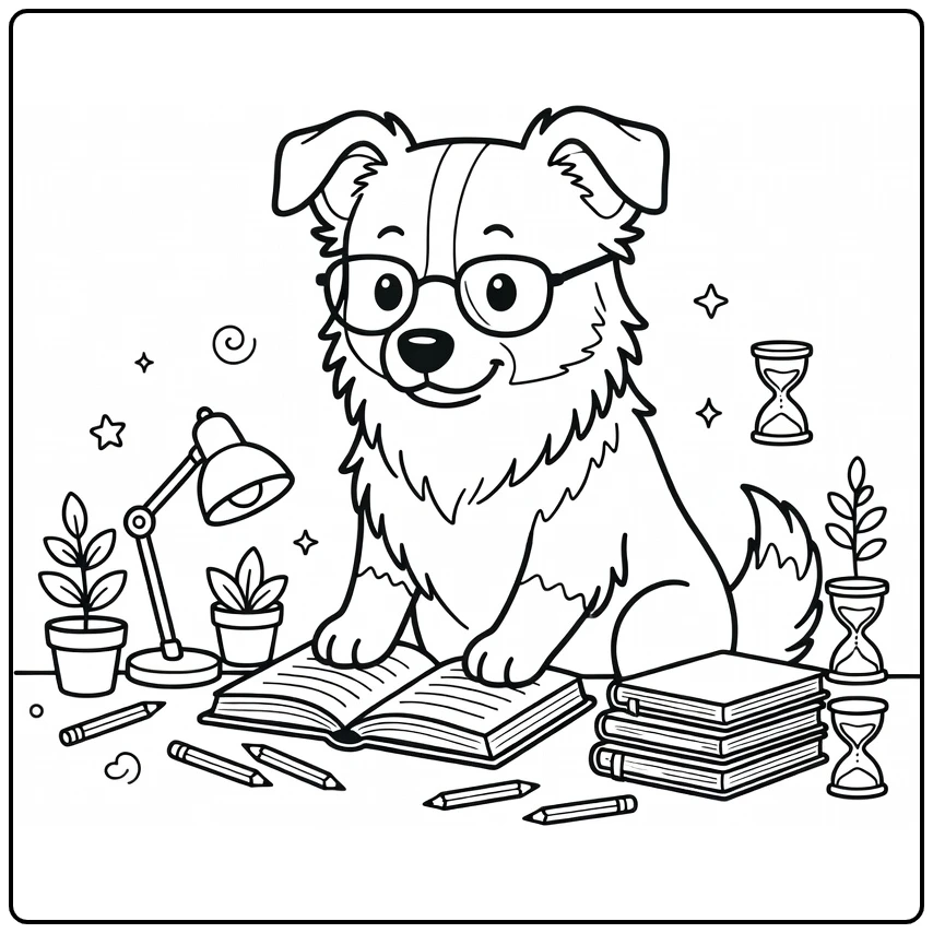 Dog with glasses coloring page of clever border collie