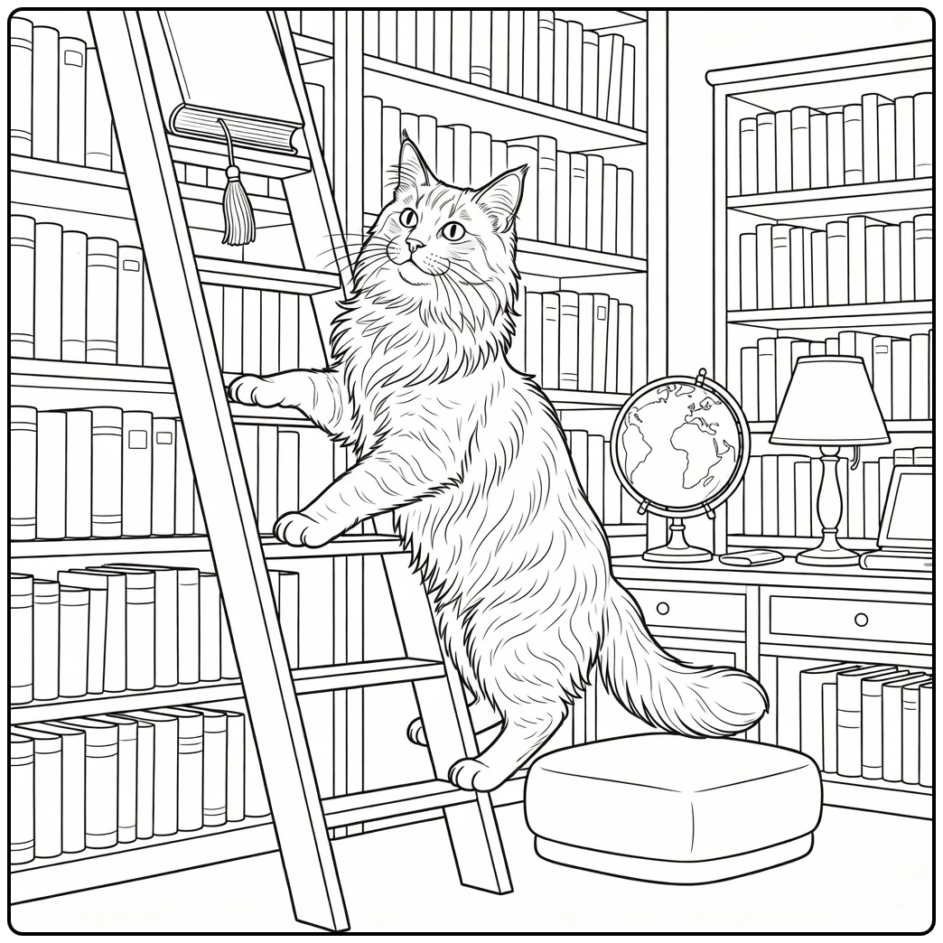 maine coon cat coloring pages - Maine Coon Cat on ladder