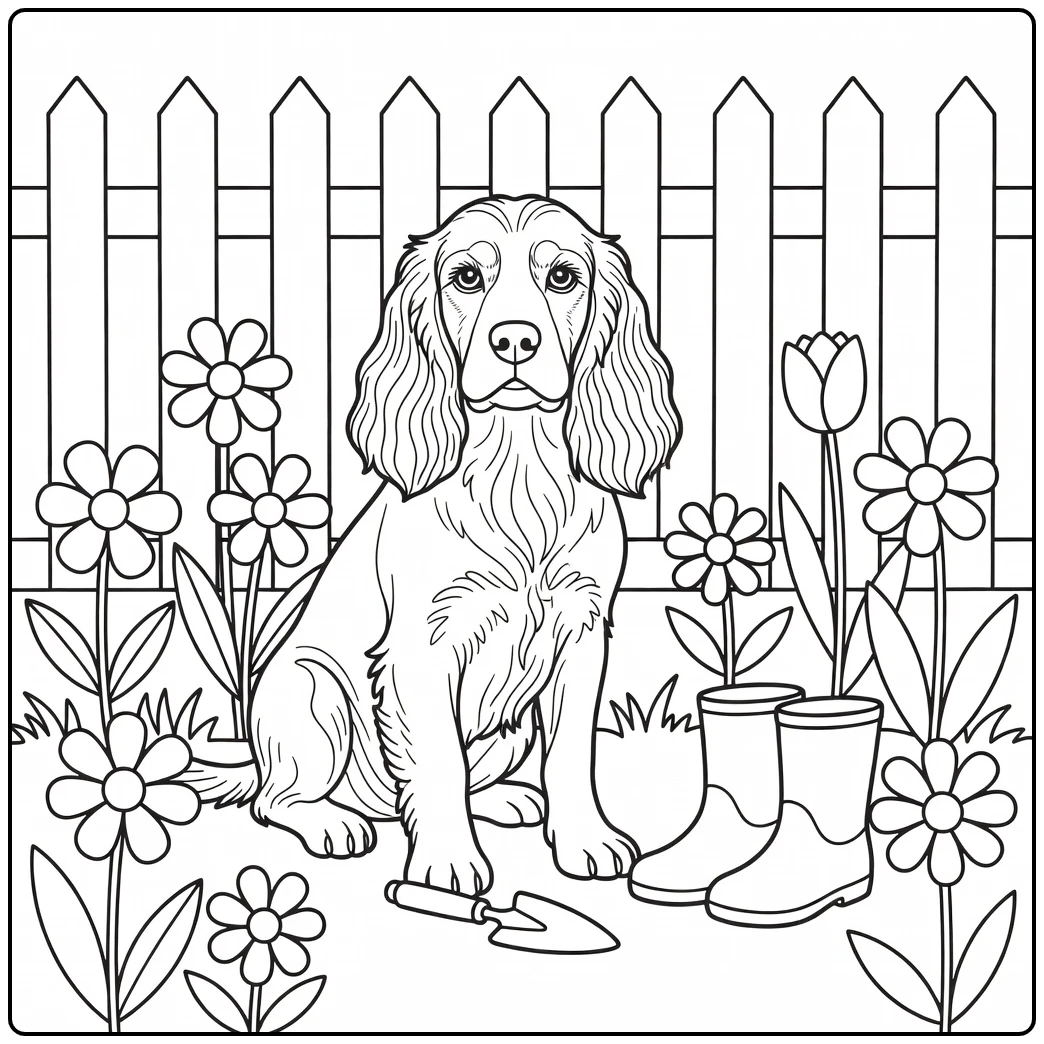 A Cocker Spaniel by a flowerbed realistic dog coloring page.