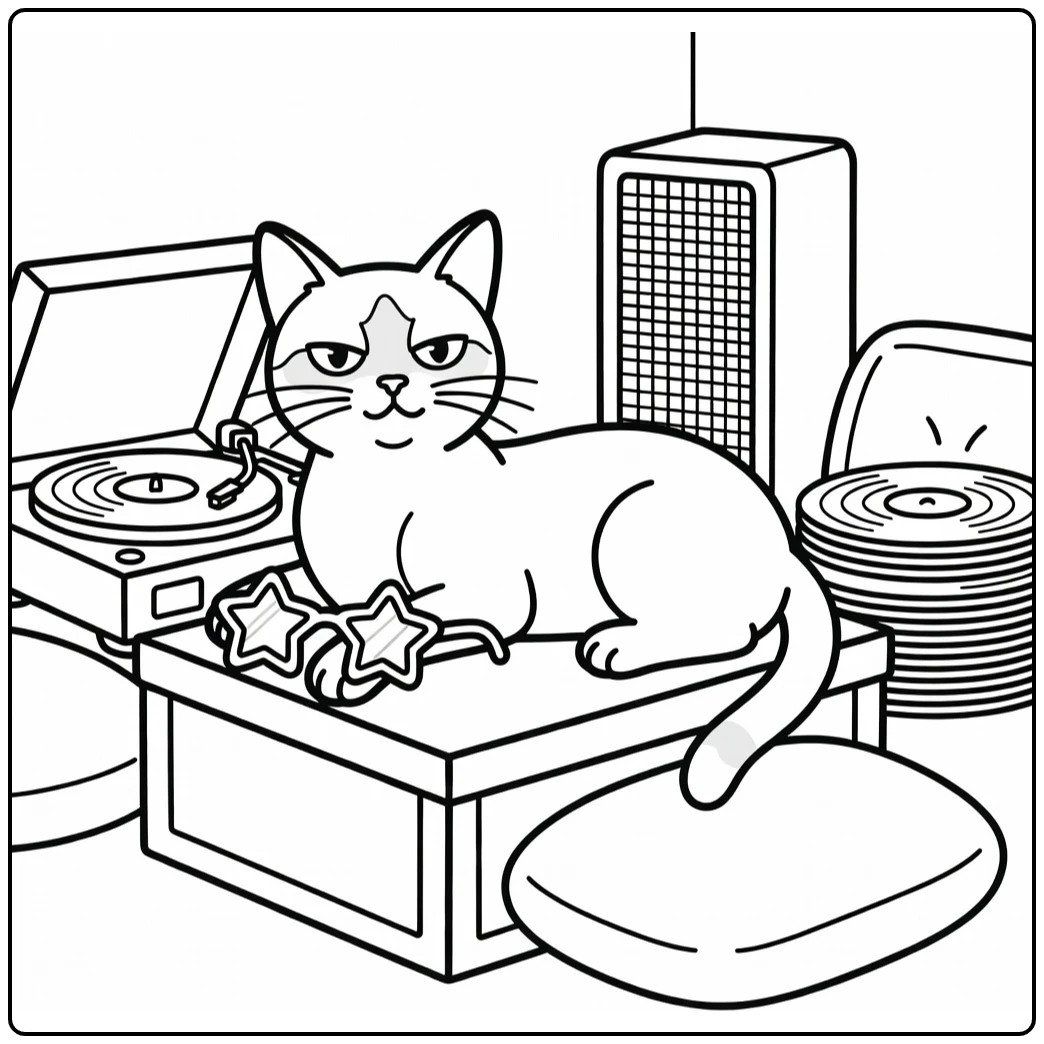 Cool cat coloring pages: smug Bombay cat on vinyl crate with sunglasses