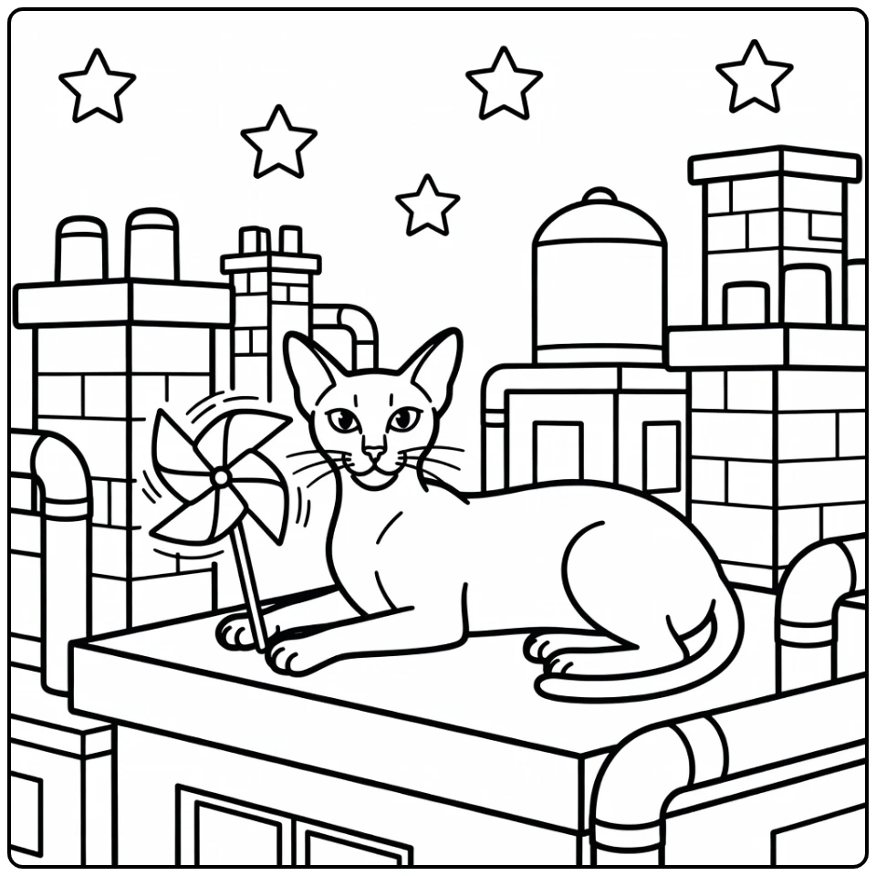 Cool cat coloring pages: Oriental Shorthair lounging on rooftop with pinwheel