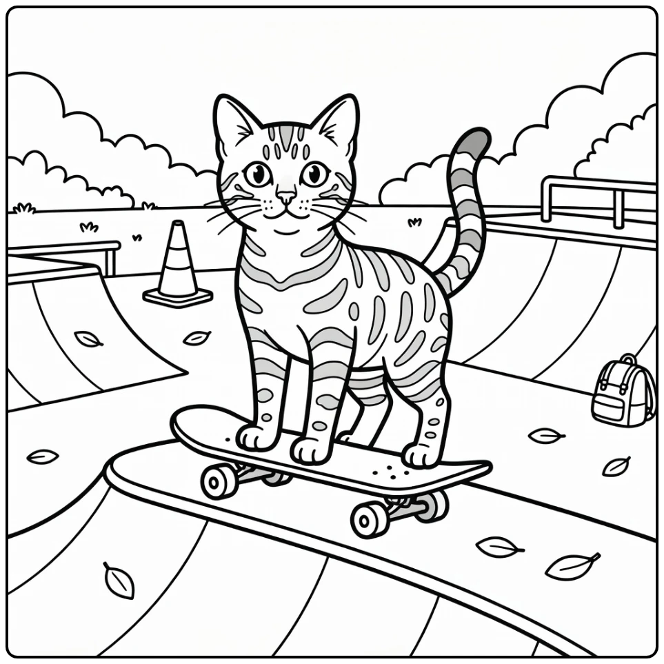 Cool cat coloring pages: Bengal cat on skateboard at ramp