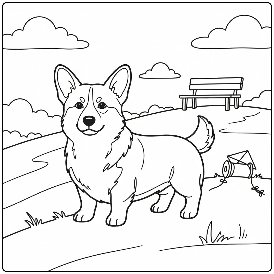 A happy Corgi on a grassy hill realistic dog coloring page.