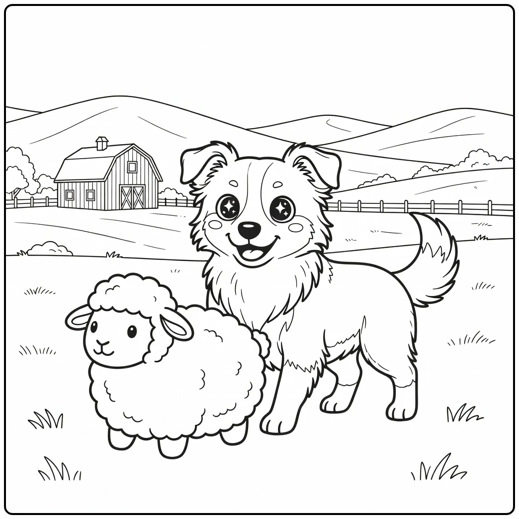 A Border Collie with a sheep plush on a kawaii dog coloring page.