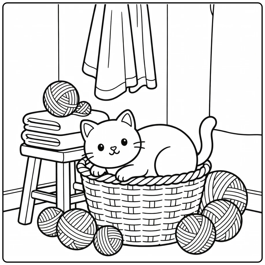 Black cat coloring pages: peeking from basket in laundry