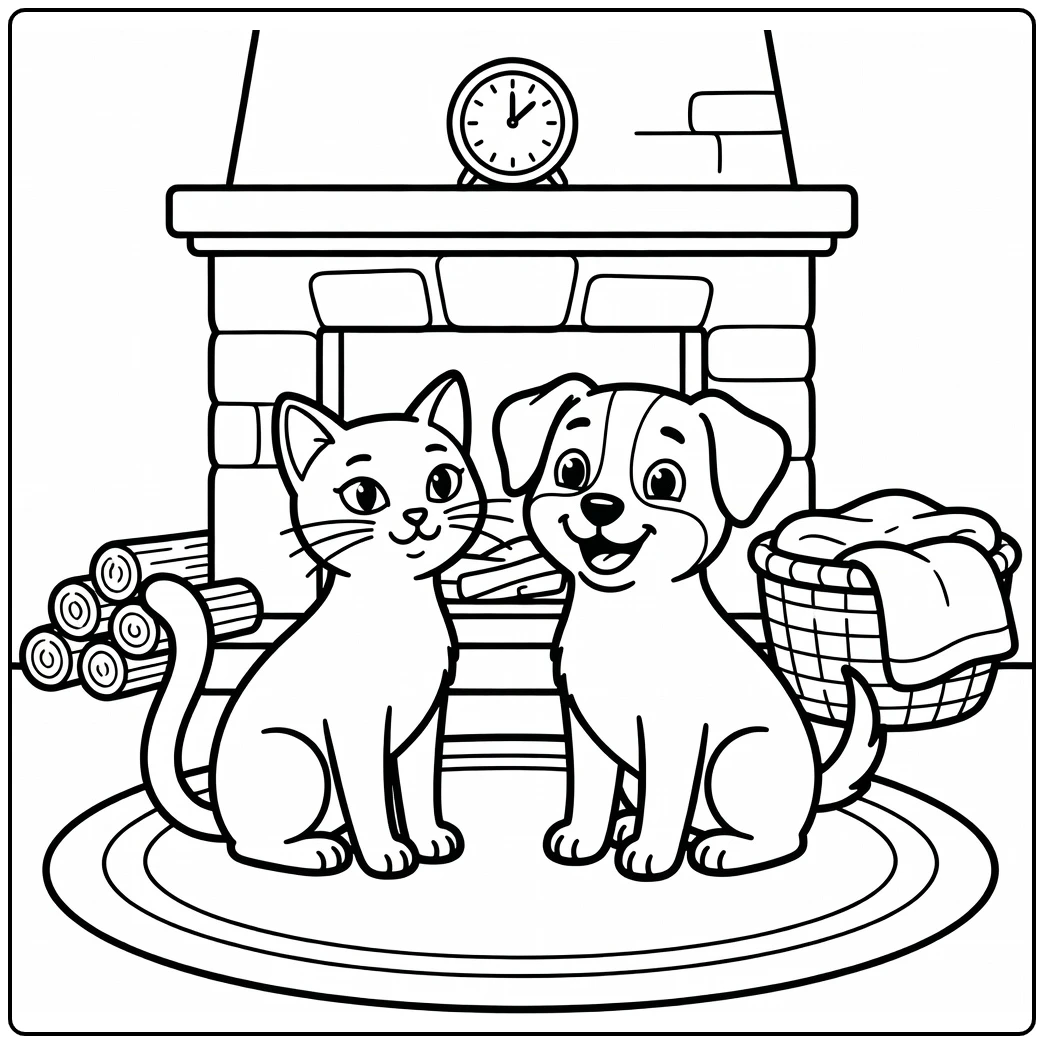 Cat and dog coloring pages: elegant cat & cheerful dog by fireplace