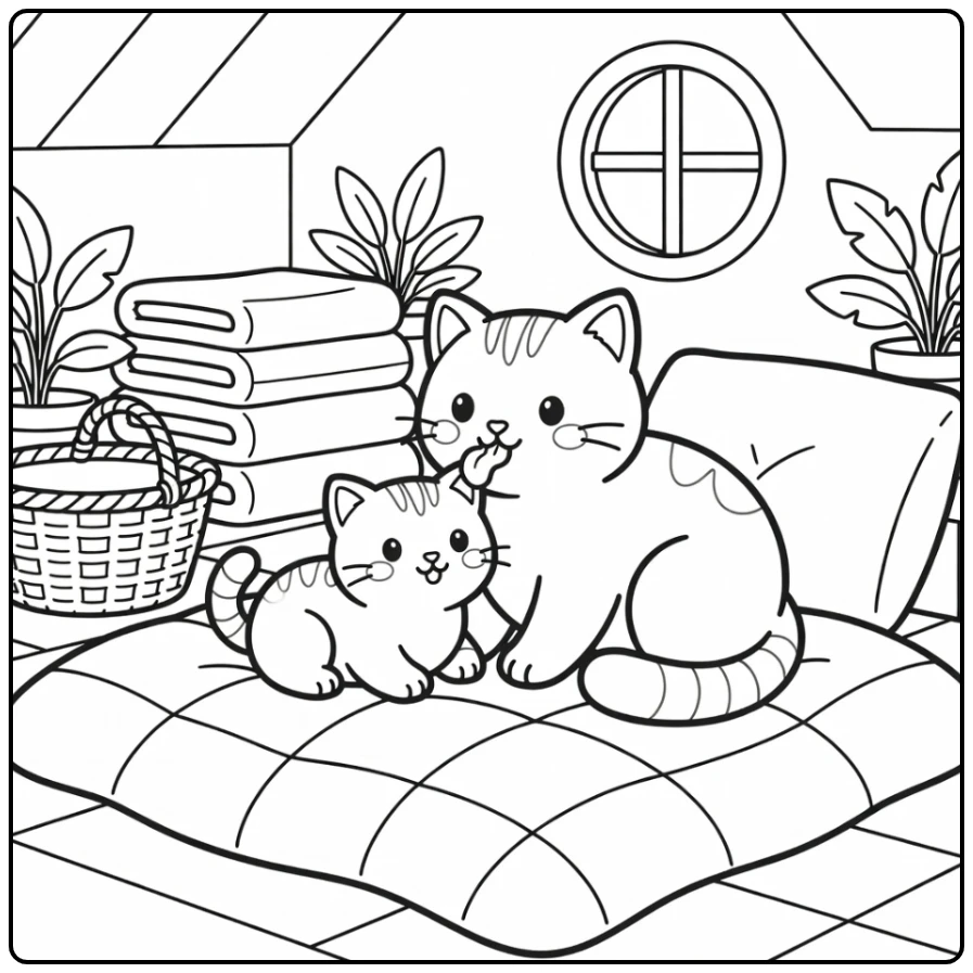 Cat and kitten coloring pages: grooming on cozy quilt