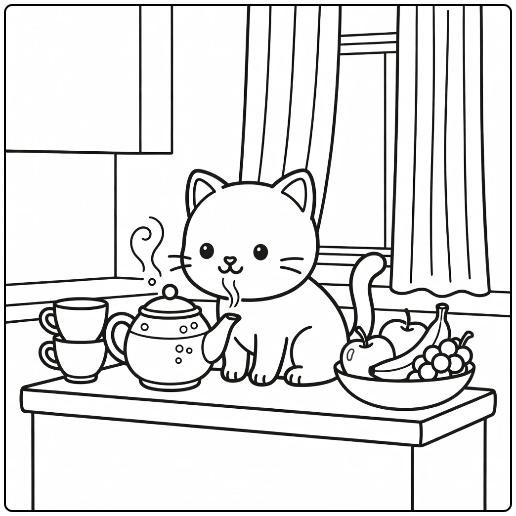 Cat sniffing steam from bubbling teapot cat coloring pages
