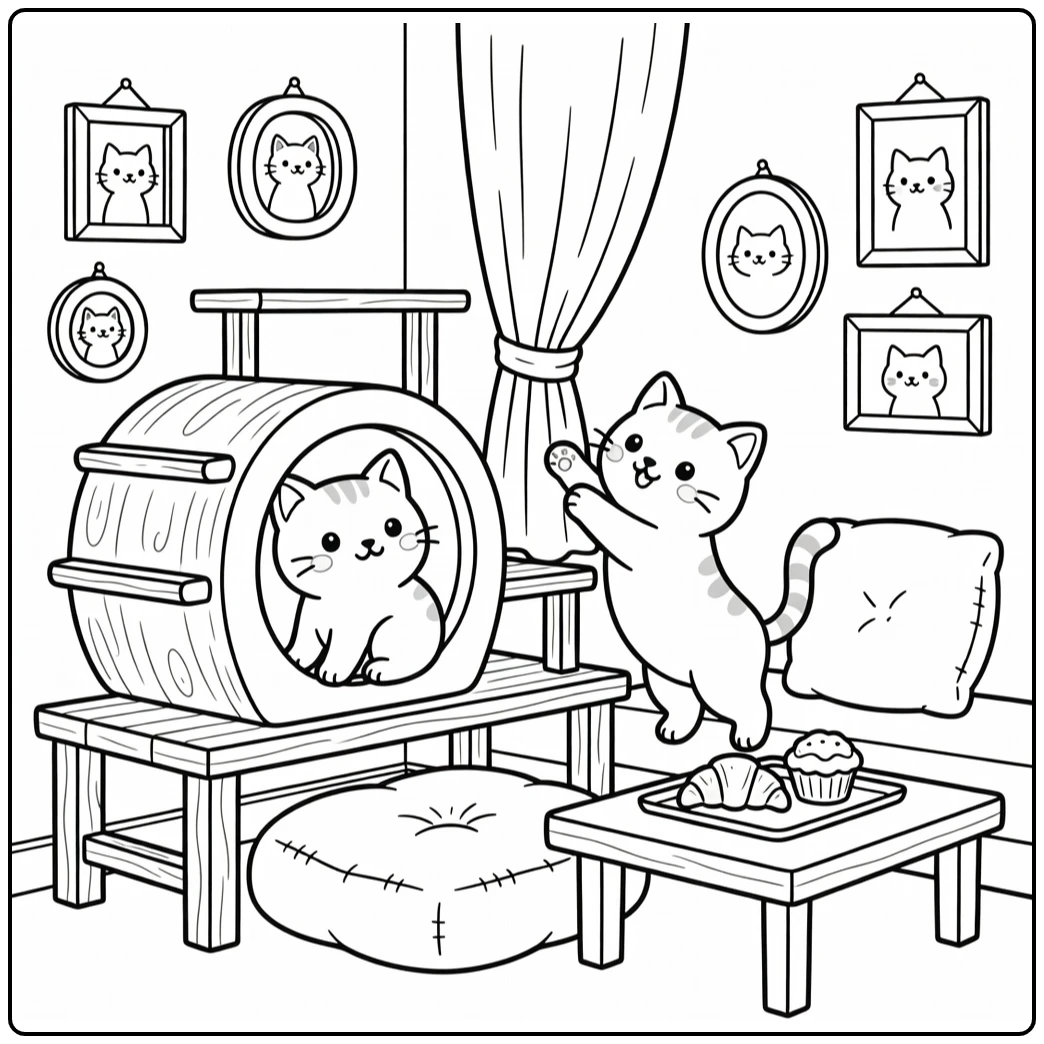 Cat cafe coloring pages: cats peeking & stretching on shelf