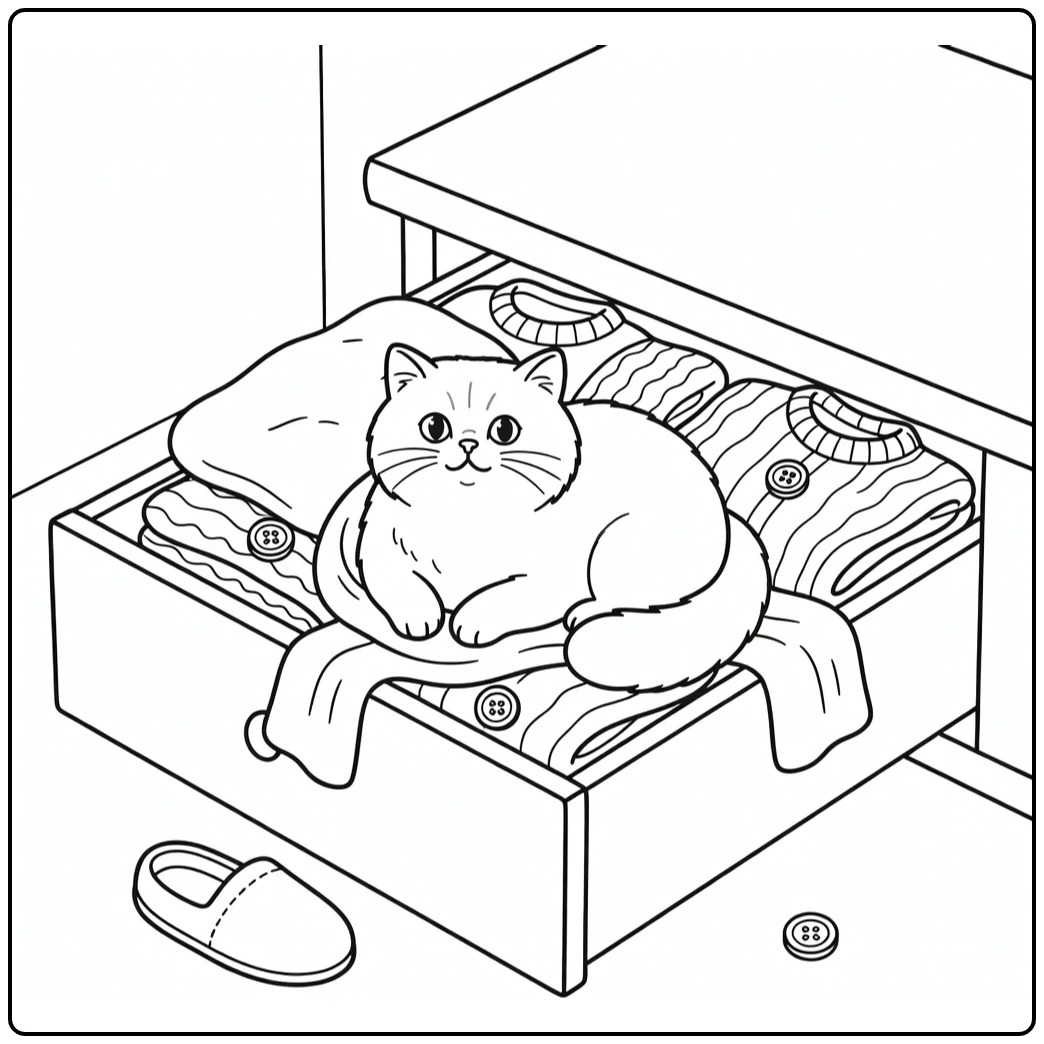 Cozy cat coloring pages: British Longhair in drawer with sweaters