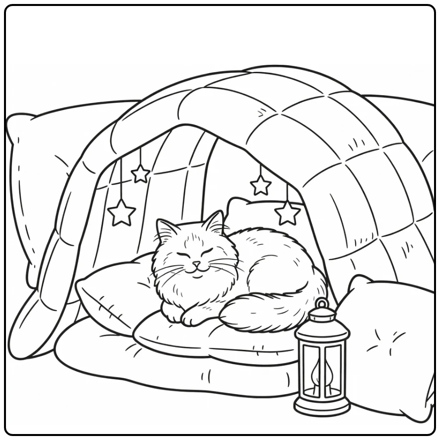 Cozy cat coloring pages: fluffy Ragdoll in blanket fort