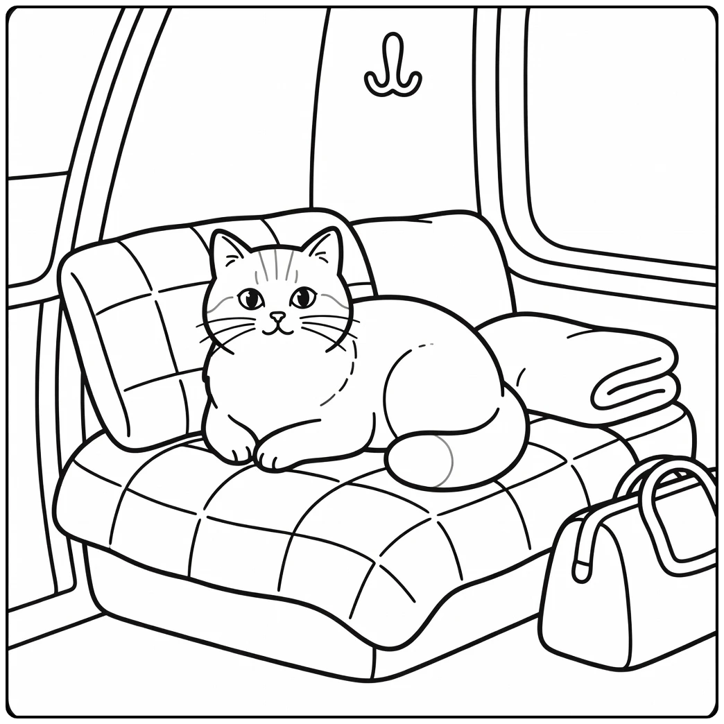 Cozy cat coloring pages: Siberian cat on quilt in train cabin