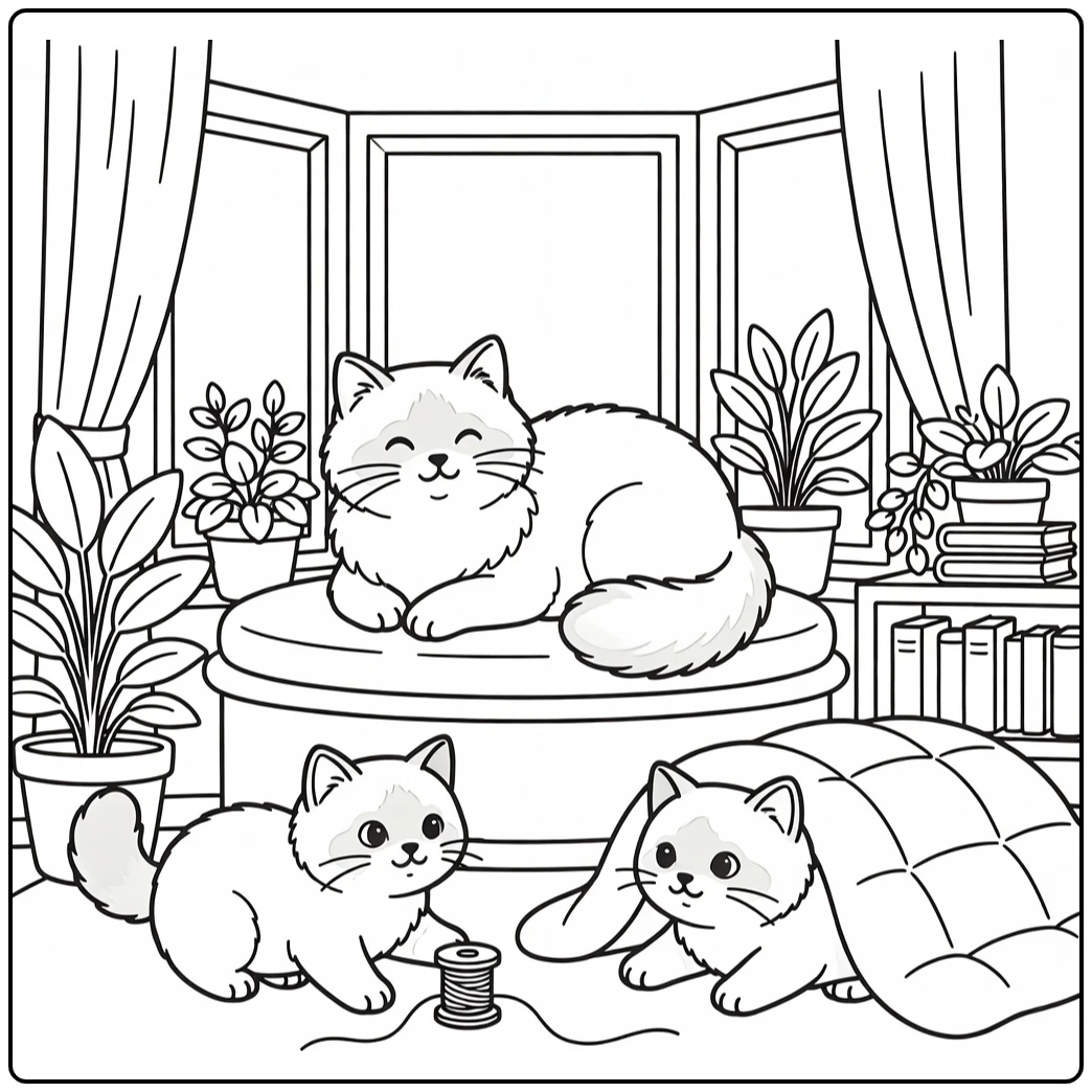 Cat family coloring pages: Ragdoll mom rests, kittens play with spool
