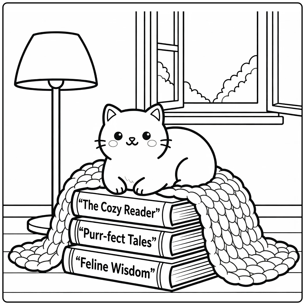 Cute cat nestling in book stack cat coloring pages