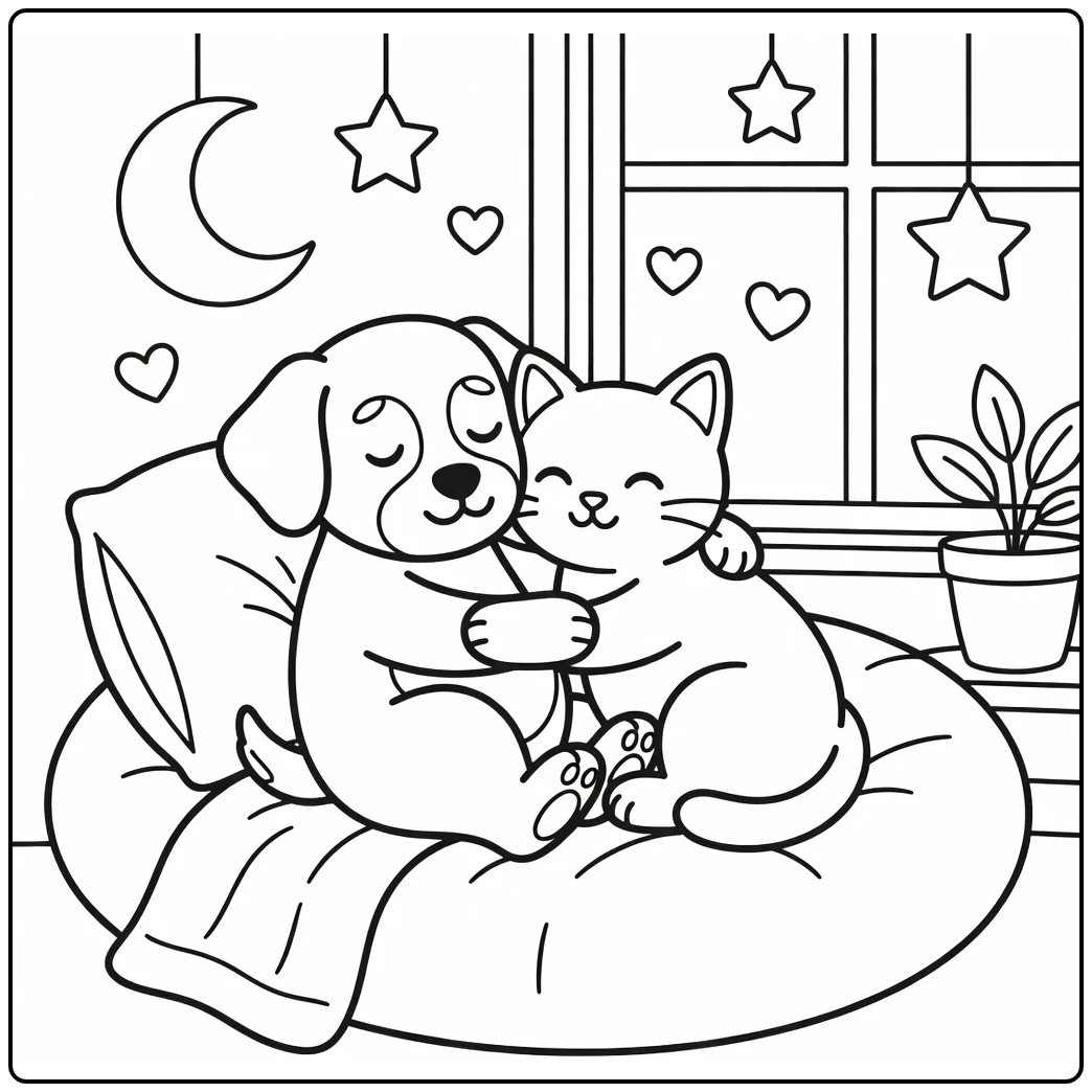 Dog and cat hugging coloring pages: sleepy cuddle on cushion by window
