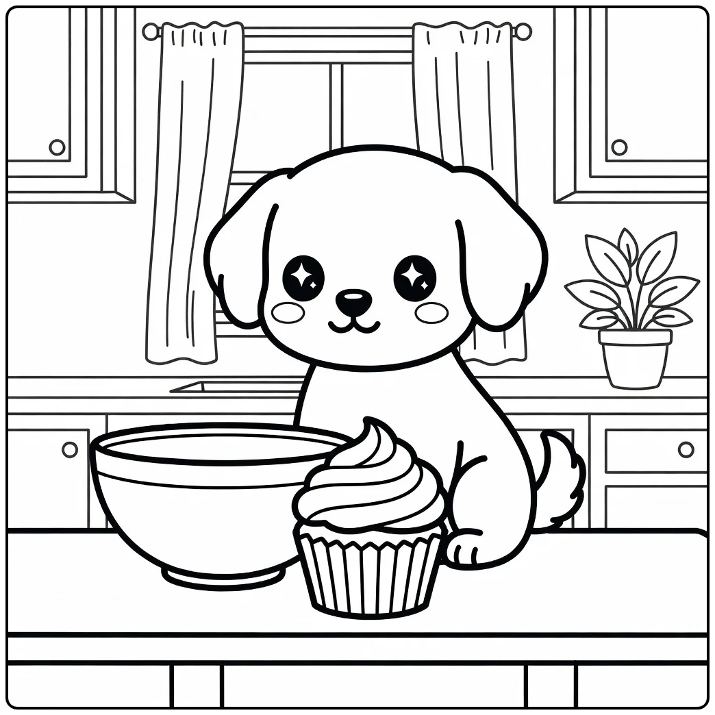 A cute pup in a kitchen on a kawaii dog coloring page.