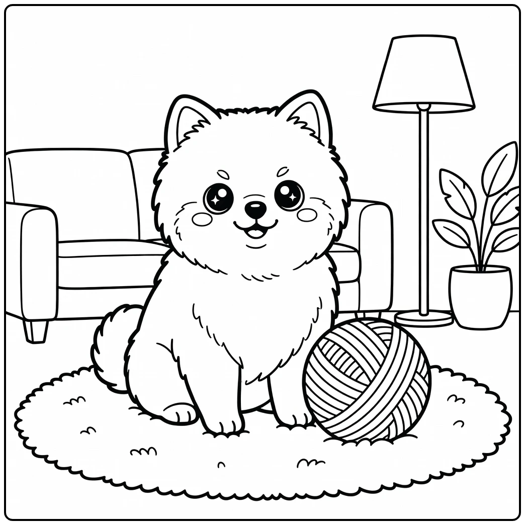 A fluffy Pomeranian on a rug; a kawaii dog coloring page.