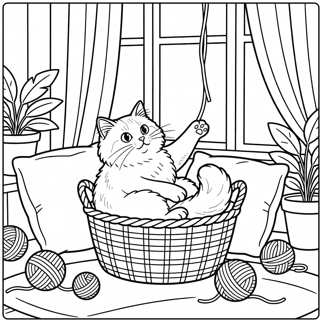 Cartoon cat coloring pages: Ragdoll cat in basket reaching for ribbon