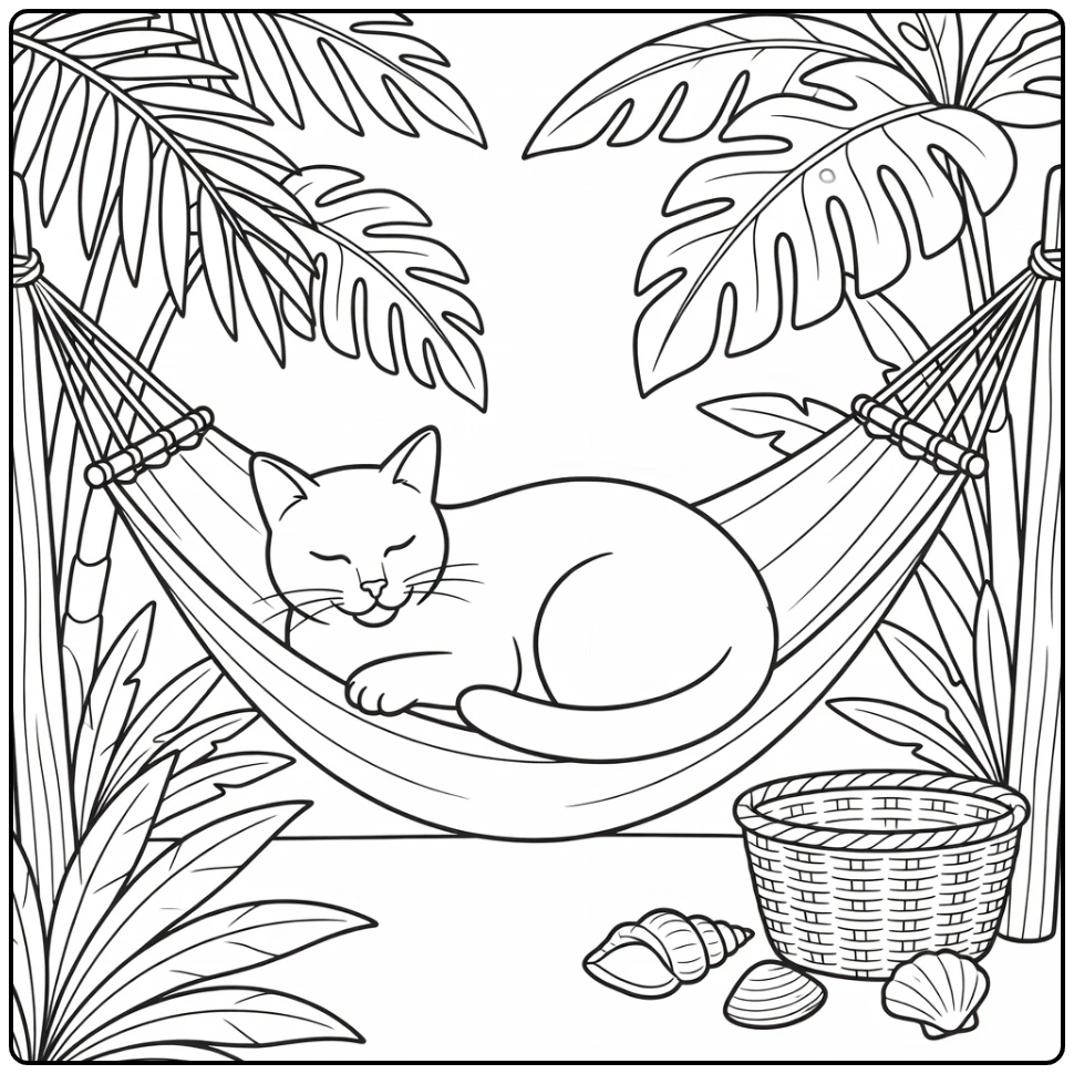 Realistic cat coloring pages: cat in hammock with leaves