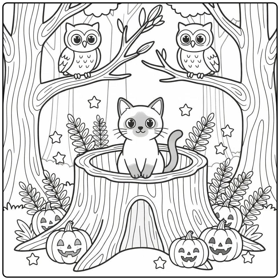 Siamese cat in stump with owls & pumpkins: halloween cat coloring pages