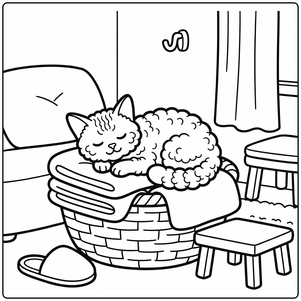 Sleeping cat coloring pages: curly Selkirk Rex in basket