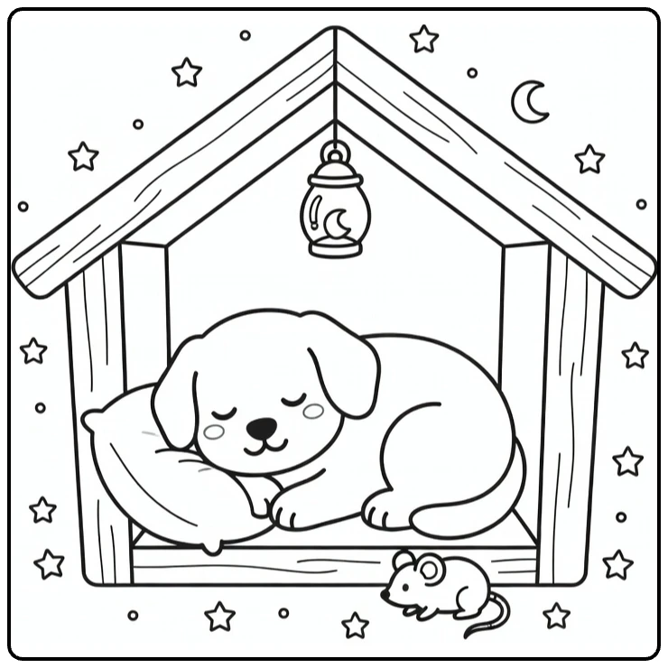 Sleepy dog curled in wooden Dog House coloring page with pillow