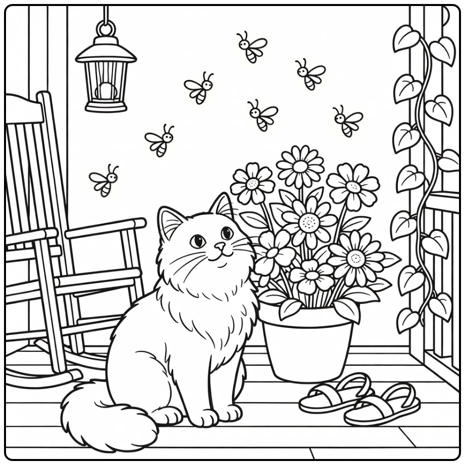 Summer cat coloring pages: Maine Coon watches fireflies on porch