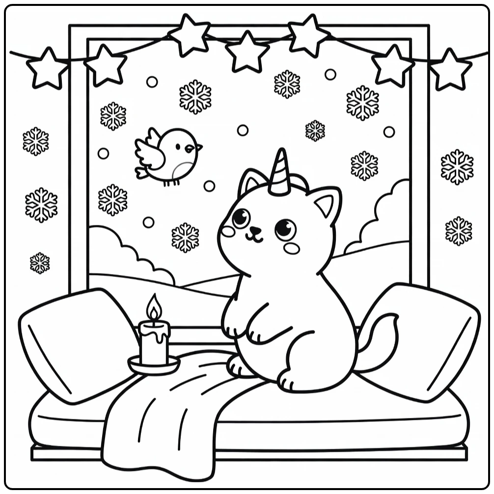 Unicorn cat coloring pages: cat on window eyeing snowy bird